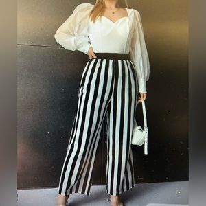 MELANIE LYNE WIDE LEG PALLAZZO VERTICAL STRIPED ELASTIC WAIST PANTS no pockets